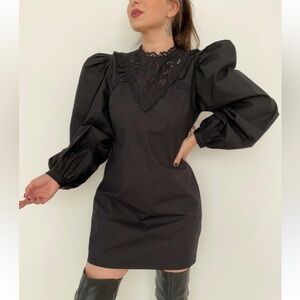 ZARA Black Dress Sz Small Stunning Broderie Mob Wife Mini‎ Puff Balloon Sleeve